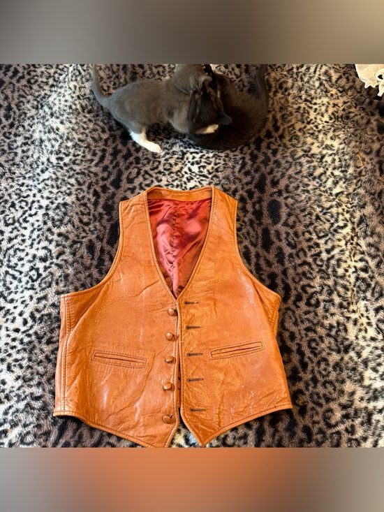 Handmade Jackets & Blazers - Brown Leather 5 Button Vest beautiful RARE Auburn SATIN lined Leather Vintage